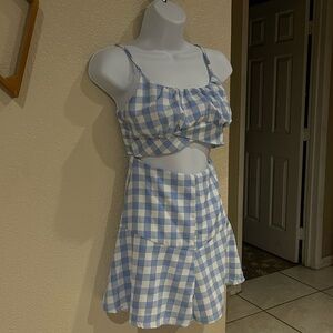 Blue and White Gingham Romper with Cut-Out